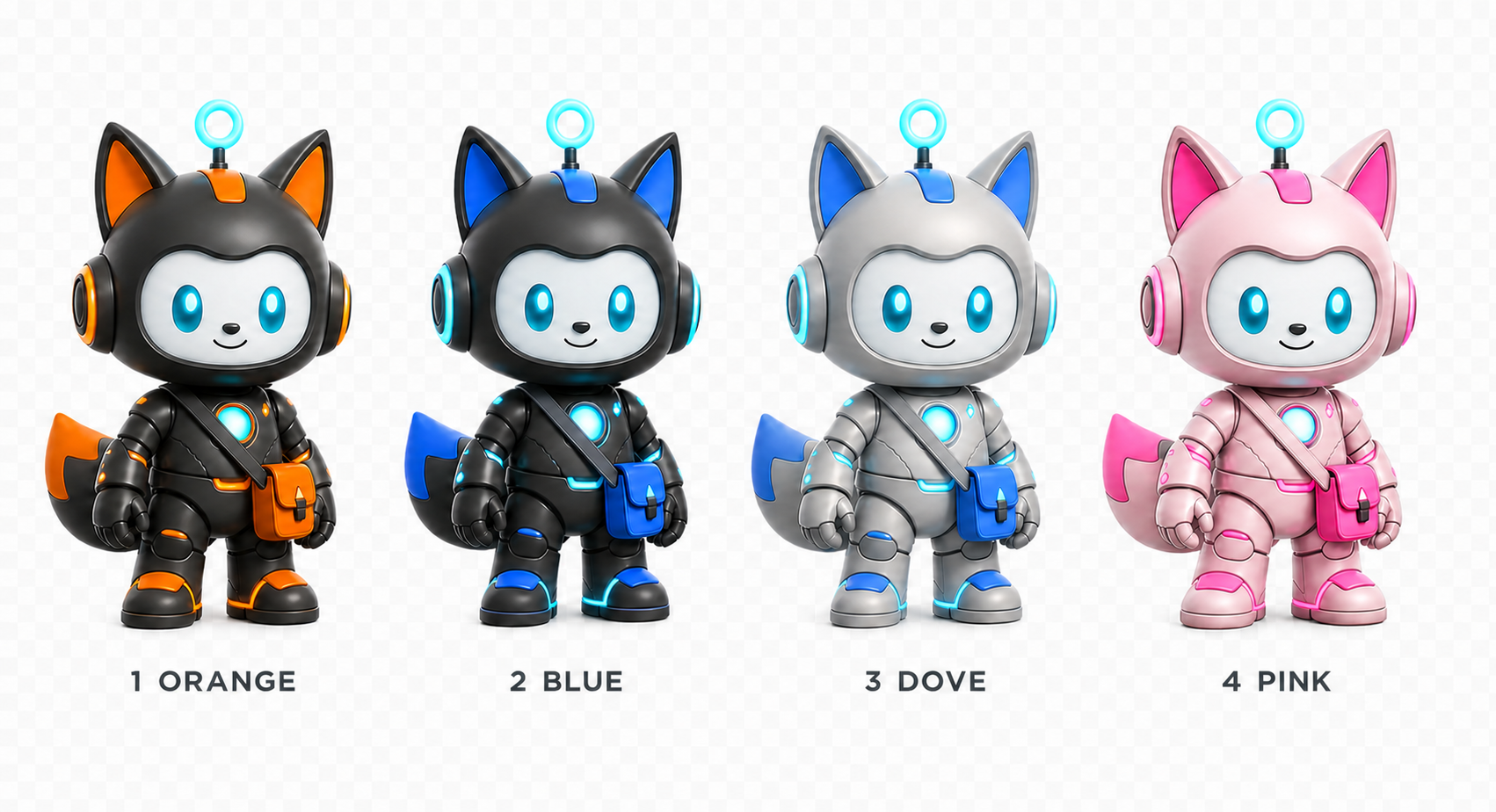 Solis, Orbit, Nimbus, and Roisin avatar color variants